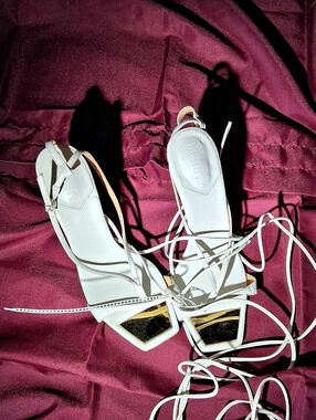 Schutz Vikki White & Gold Strappy Heels